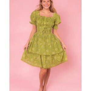 Ivy City Co. Darcy Floral Milkmaid Mini Dress 2X Lace Trim Puff Sleeve Tiered